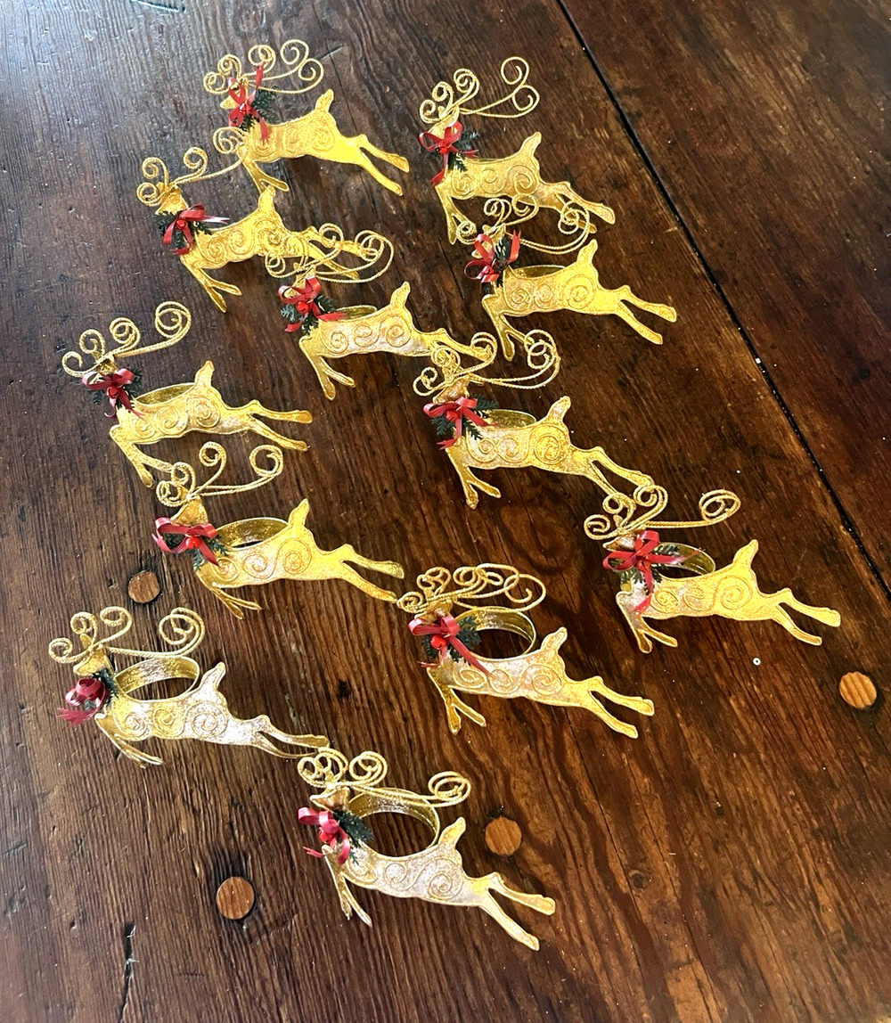 Lot of 12 Napkin Rings LEAPING REINDEER 717-Gold Metal Christmas Holiday VTG 90s